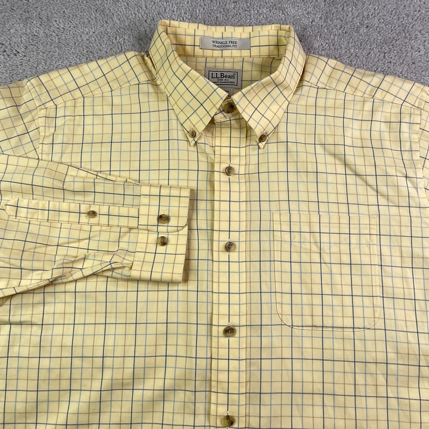 Ll Bean Shirt Mens Large Yellow Wrinkle Free Sport Windowpane Traditional Fit